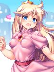  1_girl 1girl blonde blonde_hair blue_eyes crown erect_nipples erect_nipples_under_clothes eyebrows_visible_through_hair female female_only long_blonde_hair long_hair looking_at_viewer non-nude princess_peach small_breasts smile solo super_mario_bros. 