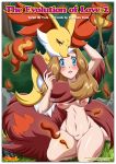  bbmbbf blue_eyes blush breasts comic cover_page delphox female_human hairless_pussy human looking_at_viewer nintendo nude palcomix pokemon pokepornlive pussy serena serena_(pokemon) tagme the_evolution_of_love_2 