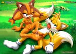  1boy 1girl barefoot bbmbbf blue_eyes blush bracelet breasts chest_tuft cum erect_nipples erect_penis footjob gloves grass horny miles_&quot;tails&quot;_prower mobius_unleashed multiple_tails necklace orange_fur palcomix pendant pietro&#039;s_secret_club pussy sega socks sonic_(series) sonic_boom sonic_the_hedgehog_(series) sticks_the_jungle_badger tail toes tongue yellow_fur 