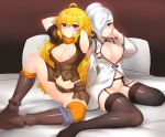  2_girls 2girls areola arms_behind_head bed belt big_breasts blonde blue_eyes blush boots bottomless breasts breasts_out_of_clothes clothing female_only functionally_nude garter_belt hair_bun hair_over_one_eye knee_up kneel lingerie long_hair looking_at_viewer multiple_girls ndgd nipple_slip nipples no_bra nopan open_clothes paipan pillow pose purple_eyes pussy rwby sitting smile spread_legs stockings tied_hair underwear vault69 very_long_hair wariza white_hair winter_schnee yang_xiao_long 