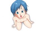  1girl blue_eyes blue_hair breasts bulma_brief dragon_ball dragon_ball_super dragon_ball_z earrings female looking_at_viewer nipples nude plain_background short_hair sitting tongue tongue_out 