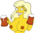  1girl areolae beer big_breasts breasts duckymomoisme earrings hand_drawn looking_at_viewer milf sexy slut smile standing the_simpsons titania_(the_simpsons) topless white_hair yellow_skin 