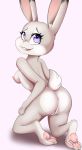  1girl 1girl 2017 anthro anus areola ass breasts buckteeth disney eyelashes fur furry grey_fur high_res hindpaw inner_ear_fluff judy_hopps kneel lagomorph looking_at_viewer looking_back mammal nipples open_mouth pawpads paws pink_nose pink_pawpads purple_eyes pussy rabbit simple_background teeth thebatfang zootopia 
