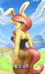  &lt;3 1girl 2017 absurd_res anthro anthrofied ass blush breasts bunny_costume burgerkiss cloud cosplay easter egg equine fishnet fluttershy fluttershy_(mlp) friendship_is_magic furry hair high_res holding_object holidays horse mammal my_little_pony outside pony smile 