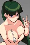  1girl arm arms art babe bare_arms bare_shoulders big_breasts blush breast_hold breasts cleavage collarbone covering covering_breasts green_hair grey_background gym_leader hand_bra hime_cut long_hair looking_at_viewer medium_breasts nakaba natsume_(pokemon) neck nintendo nude pokemon pokemon_(game) pokemon_frlg pokemon_rgby purple_eyes sabrina sabrina_(pokemon) simple_background spoon upper_body v 