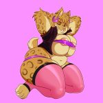  1girl 1girl 2017 anthro areola big_breasts breasts cat claws clothed clothing ear_piercing feline fur furry hand_behind_head lonbluewolf looking_at_viewer mammal ms._rufus navel piercing pink_background poppy_opossum simple_background skimpy slightly_chubby teeth 