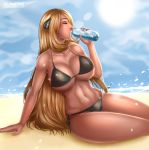  alluring beach bikini black_bikini cynthia drink drinking flowerxl hentai-foundry ocean pokemon sand shirona_(pokemon) water water_bottle 