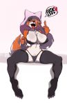  1girl anthro big_breasts bikini breasts canine claws clothing dialogue fox furry legwear maiz-ken maizken mammal middle_finger spread_legs spreading stockings swimsuit toe_claws tongue tongue_out 