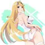 1girl alluring ass blonde_hair cowboy_shot earrings high_res jewelry mokki mythra mythra_(xenoblade) nintendo one-piece_swimsuit super_smash_bros._ultimate swimsuit voluptuous white_background white_swimsuit xenoblade_(series) xenoblade_chronicles_2 yellow_eyes