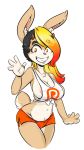  1girl 1girl 4_fingers anthro areola breasts buckteeth cleavage clothed clothing duckdraw eyebrows eyelashes fur furry horn lagomorph looking_at_viewer mammal midriff navel nipple_bulge patreon rabbit shorts simple_background teeth wide_hips 