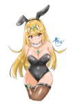 1girl absurd_res alluring alternate_costume animal_ears bangs big_breasts blonde_hair blue_fox_(aoba) blush breasts bunny_ears bunnysuit cleavage covered_navel eyebrows_visible_through_hair fake_animal_ears gem hair_ornament headpiece high_res jewelry long_hair mythra_(xenoblade) nintendo playboy_bunny pose shiny shiny_skin simple_background smile stockings swept_bangs thighs tiara tray very_long_hair voluptuous white_background xenoblade_(series) xenoblade_chronicles_2 yellow_eyes