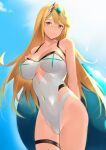 1girl 3: alluring alternate_costume arm_behind_back bangs bare_shoulders big_breasts blonde_hair blue_sky blush breasts brown_eyes cleavage closed_mouth clothing_cutout collarbone competition_swimsuit covered_navel day frown groin highleg highleg_swimsuit innertube long_hair looking_at_viewer mythra mythra_(xenoblade) nintendo one-piece_swimsuit outside saisarisu sky straight_hair swept_bangs swimsuit thigh_strap tiara under_boob underboob_cutout very_long_hair voluptuous white_swimsuit xenoblade_(series) xenoblade_chronicles_2