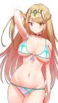 1girl alluring arm_behind_head big_breasts bikini blonde_hair blush breasts choker cleavage cowboy_shot eyebrows_visible_through_hair front-tie_bikini front-tie_top gem green322 hair_ornament headpiece high_res jewelry looking_at_viewer mythra mythra_(xenoblade) navel nintendo simple_background swimsuit thigh_gap thighs tiara voluptuous white_background white_bikini xenoblade_(series) xenoblade_chronicles_2 yellow_eyes