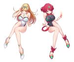 2_girls alluring big_breasts blonde_hair breasts cleavage competition_swimsuit dual_persona female_focus fire green322 high_res long_hair matching_hair/eyes multiple_girls mythra mythra_(xenoblade) nintendo one-piece_swimsuit pyra pyra_(xenoblade) red_eyes red_hair short_hair swimsuit thick_thighs thighs voluptuous xenoblade_(series) xenoblade_chronicles_(series) xenoblade_chronicles_2 yellow_eyes