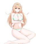 1girl :o alluring arms_under_breasts bangs big_breasts bikini blonde_hair breasts chest_jewel chirun0 cleavage eyebrows_visible_through_hair feet_out_of_frame high_res long_hair mythra_(xenoblade) navel nintendo simple_background super_smash_bros._ultimate swept_bangs swimsuit tiara very_long_hair voluptuous white_background white_bikini xenoblade_(series) xenoblade_chronicles_2 yellow_eyes
