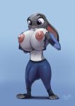 1girl 2017 anthro areola breasts bulge clothed clothing disney female female_only fur furry grey_fur high_res huge_breasts judy_hopps lagomorph mammal nipples penis_outline police_uniform pulsar purple_eyes rabbit simple_background solo uniform zootopia