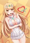 1girl absurd_res alluring arm_under_breasts bangs bare_arms bare_shoulders big_breasts blonde_hair blush breasts candy chocolate chocolate_heart cleavage cleavage_cutout clothing_cutout gem headpiece heart high_res jewelry kiiro_kimi long_hair looking_at_viewer mythra mythra_(xenoblade) nintendo smile super_smash_bros._ultimate sweater swept_bangs thigh_gap thighs tiara valentine very_long_hair voluptuous xenoblade_(series) xenoblade_chronicles_2 yellow_eyes