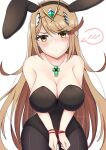 1girl absurd_res alluring animal_ears bangs bare_arms bare_shoulders big_breasts blonde_hair blush breasts bunny_ears bunnysuit cleavage earrings head high_res jewelry leotard long_hair mythra mythra_(xenoblade) nassss necklace nintendo pantyhose playboy_bunny strapless strapless_leotard super_smash_bros._ultimate swept_bangs tiara very_long_hair voluptuous xenoblade_(series) xenoblade_chronicles_2 yellow_eyes