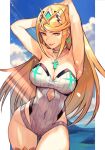 1girl alluring armpits arms_behind_head arms_up bangs bare_shoulders big_breasts blonde_hair blue_sky breasts chest_jewel choker cleavage collarbone covered_navel earrings highleg highleg_swimsuit hungry_clicker jewelry long_hair looking_at_viewer mythra mythra_(xenoblade) nintendo one-piece_swimsuit sky smile super_smash_bros._ultimate swept_bangs swimsuit thighs tiara voluptuous white_swimsuit xenoblade_(series) xenoblade_chronicles_2 yellow_eyes
