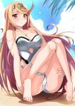1girl alluring bare_legs big_breasts blonde_hair breasts cleavage high_res long_hair looking_at_viewer mythra mythra_(xenoblade) nintendo okiguro one-piece_swimsuit pose swimsuit thighs very_long_hair voluptuous xenoblade_(series) xenoblade_chronicles_2 yellow_eyes