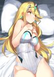 1girl 92m alluring bangs bare_shoulders big_breasts blonde_hair blush breasts cleavage closed_mouth covered_navel earrings hands_on_own_chest high_res jewelry long_hair looking_to_the_side mythra mythra_(xenoblade) nintendo on_bed one-piece_swimsuit pillow sidelocks super_smash_bros._ultimate swept_bangs swimsuit thighs tiara voluptuous white_swimsuit xenoblade_(series) xenoblade_chronicles_2 yellow_eyes
