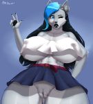 1girl 2017 absurd_res anthro big_breasts black_hair black_lips black_nose blue_eyes blue_hair breasts canine clothed clothing ear_piercing eyebrows eyelashes eyeshadow feline female_only furry high_res huge_breasts hybrid inner_ear_fluff lips long_hair looking_at_viewer makeup mammal mature_female multicolored_hair navel nipple_bulge one_eye_closed piercing plankboy pussy shirt skirt solo_female two_tone_hair underboob upskirt v w wink