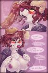  1girl anthro blush breasts brown_hair canine cum cum_in_hair cum_in_mouth cum_inside cum_on_face cum_on_glasses dialogue dimmi_(character) dimwitdog dog eyewear fangs furry glasses hair male male/female mammal nipples offscreen_character open_mouth penis speech_bubble tongue tongue_out 
