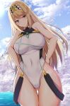 1girl alluring ass bangs bare_arms bare_shoulders big_breasts blue_sky blush breasts cameltoe closed_mouth cloud commentary_request competition_swimsuit covered_navel cowboy_shot curvy day eyebrows_visible_through_hair gluteal_fold headpiece high_res impossible_clothes looking_at_viewer mythra mythra_(xenoblade) navel nintendo noeomi one-piece_swimsuit outside partially_submerged see-through shadow sky smile standing super_smash_bros._ultimate swept_bangs swimsuit thick_thighs thighs tiara voluptuous water wide_hips xenoblade_(series) xenoblade_chronicles_2 yellow_eyes