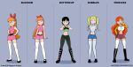 4girls big_breasts black_hair blonde_hair blossom_(ppg) blue_eyes bob_cut breasts bubbles_(ppg) buttercup_(ppg) cartoon_network cleavage female female_only garabatoz green_eyes lineup multiple_girls powerpuff_girls princess_morbucks red_eyes red_hair siblings sisters tied_hair twin_tails wink