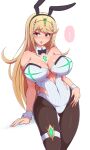 1girl alluring animal_ears bangs bare_shoulders big_breasts blonde_hair blush breasts bunny_ears bunnysuit cleavage covered_navel earrings eyebrows_visible_through_hair fake_animal_ears female_focus gem high_res jewelry leotard long_hair matching_hair/eyes mythra mythra_(xenoblade) nintendo pantyhose playboy_bunny ponponmaru simple_background swept_bangs thigh_strap tiara very_long_hair voluptuous white_background wrist_cuffs xenoblade_(series) xenoblade_chronicles_2 yellow_eyes