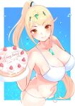 1girl absurd_res alluring alternate_hairstyle bangs big_breasts bikini birthday_cake blonde_hair blue_background blush border breasts cake_(food) chest_jewel cowboy_shot food from_above happy_birthday high_res holding holding_cake holding_food long_hair looking_at_viewer mythra mythra_(xenoblade) nintendo ponytail risumi_(taka-fallcherryblossom) smile strawberry super_smash_bros._ultimate swept_bangs swimsuit tiara very_long_hair voluptuous white_bikini white_border xenoblade_(series) xenoblade_chronicles_2 yellow_eyes