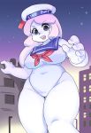 1girl big_breasts breasts clothed clothing crossgender english_text ghostbusters hair hat leotard macro navel nipple_bulge sailor_uniform shepherd0821 slightly_chubby stay_puft_marshmallow_man text thick_thighs white_hair white_skin 