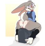  1girl 1girl 2017 3_toes anthro anus ass backsash blush bottomless claws clothed clothing digital_media_(artwork) disney fur furry hair hindpaw judy_hopps lagomorph mammal paws purple_eyes pussy rabbit simple_background smile straddling sweat teeth toes tongue tongue_out uniform zootopia 