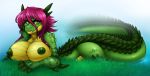  1girl 1girl 2015 amber_eyes anthro big_breasts breasts claws crocodile grass hair looking_at_viewer madamsquiggles nipples nude pink_hair reptile scalie smirk 
