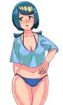  blue_bikini blue_shirt blush freckles hand_on_hip lana&#039;s_mother looking_away looking_to_the_side pokemon pokemon_(anime) pokemon_sm porkyman shirt suiren&#039;s_mother tank_top 
