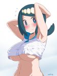  1girl akadama armpits arms_behind_head arms_up blue_eyes blue_hair blush breasts crop_top crop_top_overhang erect_nipples freckles hairband lana&#039;s_mother large_breasts looking_at_viewer mature milf pokemon pokemon_(anime) pokemon_sm_(anime) shirt sleeveless sleeveless_shirt smile solo suiren&#039;s_mother underboob undersized_clothes upper_body white_hairband white_shirt 