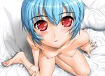  1girl bed black_olive blue_hair blush breasts erect_nipples from_above neon_genesis_evangelion nipples nude open_mouth puffy_nipples red_eyes rei_ayanami small_breasts solo stare staring sugaishi_(unbr) undercover_brothers 