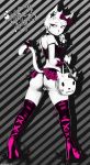  anthro ass black_background bow cat clothing collar english_text feline female footwear frown fur goth heart hello_kitty high_heels jewelry looking_away looking_back pink_eyes plain_background presenting presenting_hindquarters presenting_pussy purse pussy raised_arm ring shadman shadow shiny shirt shoes skirt socks solo spikes standing stripes text whiskers white_eyes white_fur 