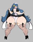 1girl ass blue_eyes blue_hair blush clothed creatures_(company) dawn_(pokemon) female female_human female_only fishnets game_freak hat high_heels hikari_(pokemon) human humans_of_pokemon lifting_dress long_blue_hair long_hair looking_at_viewer maid maid_uniform nintendo panties pokemon pokemon_(anime) pokemon_(game) pokemon_black_and_white pokemon_bw pokemon_dppt porkyman sath15 solo standing white_panties