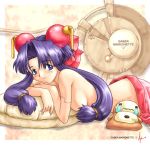 1girl blue_eyes breasts cherry_(saber_j) copyright_name long_hair low-tied_long_hair no_bra nude purple_hair saber_marionette_j sideboob solo topless