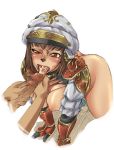  1girl all_fours bottomless breasts brown_hair cum cum_in_mouth cum_on_tongue ejaculation fellatio final_fantasy final_fantasy_xi gauntlets hat mihli_aliapoh mithra oral penis short_hair solo_focus sweat tomotsuka_haruomi tongue tongue_grab tongue_out tongue_pull torn_clothes 
