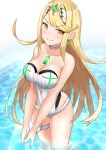 1girl absurd_res alluring blonde_hair blush breasts choker cleavage closed_mouth collarbone earrings eyebrows_visible_through_hair high_res jewelry leg_garter long_hair looking_at_viewer medium_breasts mythra mythra_(xenoblade) nintendo ojun one-piece_swimsuit partially_submerged smile standing striped swimsuit tiara vertical-striped_swimsuit vertical_stripes voluptuous water white_choker white_swimsuit xenoblade_(series) xenoblade_chronicles_2 yellow_eyes