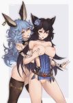  1girl 2_girls animal_ears artist_name bangs bare_shoulders belt big_breasts black_choker black_hair blue_hair blue_pubic_hair bottomless breast_grab breasts brown_eyes choker clavicle commission d: detached_collar detached_sleeves ear_piercing erune_race_(granblue_fantasy) ferry_(granblue_fantasy) flower frown grabbed_from_behind grabbing gradient gradient_background granblue_fantasy grey_background groping hair_between_eyes hair_flower hair_ornament heart_buckle high_resolution long_hair multiple_girls nier_(granblue_fantasy) nipples open_mouth ovosh147 pelvic_curtain piercing pubic_hair puffy_detached_sleeves puffy_sleeves pussy sideless_outfit simple_background stockings torn_clothes vaginal_juices very_high_resolution very_long_hair yellow_eyes yuri 