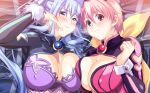 2_girls art big_breasts blue_eyes blue_hair blush breast_press breasts cleavage closed_mouth coscos!:_anata_gonomi_no_cosplay_h_shite_ageru detached_collar erect_nipples game_cg gem hamashima_shigeo heavy_breathing high_res jewelry light_blue_hair long_hair long_sleeves looking_at_viewer lying multiple_girls pink_eyes pink_hair ruby_(stone) sapphire_(stone) short_hair smile tied_hair twin_tails upper_body wrist_cuffs 