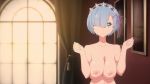  16:9_aspect_ratio 1girl animated blue_eyes blue_hair bouncing_breasts breasts closed_mouth curtains female female_only female_solo flou flower hair_flower hair_ornament hair_over_one_eye hands_up head_wreath high_resolution indoors light_smile looking_at_viewer navel nipples no_audio nude nude_female paid_reward painting_(object) patreon_reward re:zero_kara_hajimeru_isekai_seikatsu rem_(re:zero) ribbon shiny shiny_hair short_hair solo topless upper_body video webm window x_hair_ornament 