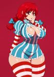 1girl big_breasts breasts cleavage cleavage_cutout clothing_cutout covered_erect_nipples curvy dress eric_lowery female_only freckles highres long_hair looking_at_viewer product_girl red_eyes red_hair solo_female striped striped_dress striped_legwear striped_thighhighs thick_thighs thighs twin_tails wendy&#039;s wendy_(wendy&#039;s) wide_hips zettai_ryouiki