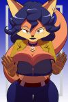  2017 5_fingers anthro beauty_mark belt big_breasts blue_hair breast_squish breasts brown_eyes canine carmelita_fox cleavage clothed clothing ear_piercing eyebrows eyelashes female fox furry hair huge_breasts kojiro-brushard kojiro-brushard_(artist) mammal midriff pants piercing sly_cooper_(series) smile solo thick_thighs thigh_gap video_games wide_hips 