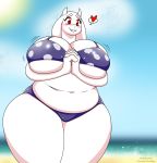  1girl 2017 anthro big_breasts bikini boss_monster breasts caprine cleavage clothed clothing cornchip21 furry goat heart high_res huge_breasts human mammal mature_female slightly_chubby smile sssonic2 swimsuit thick_thighs toriel underboob undertale video_games voluptuous wide_hips 
