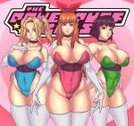  3_girls aged_up bemannen big_breasts black_hair blonde_hair blossom_(ppg) blue_eyes bubbles_(ppg) buttercup_(ppg) cartoon_network green_eyes huge_breasts long_hair nipples_visible_through_clothing powerpuff_girls red_eyes red_hair short_hair siblings sisters thick_thighs twin_tails 