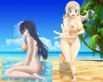 1girl 2_girls alternate_version_available beach beach_towel big_breasts blonde_hair blue_eyes blue_hair breasts completely_nude completely_nude_female eden&#039;s_zero embarrassed embarrassed_nude_female enf evr excalibur_overdrive female_focus female_full_frontal_nudity female_nudity female_only homura_kougetsu knees_together_feet_apart long_hair mole_under_eye nude nude_for_laughs ocean outside pigeon-toed public public_nudity pussy rebecca_bluegarden red_eyes sitting standing wariza